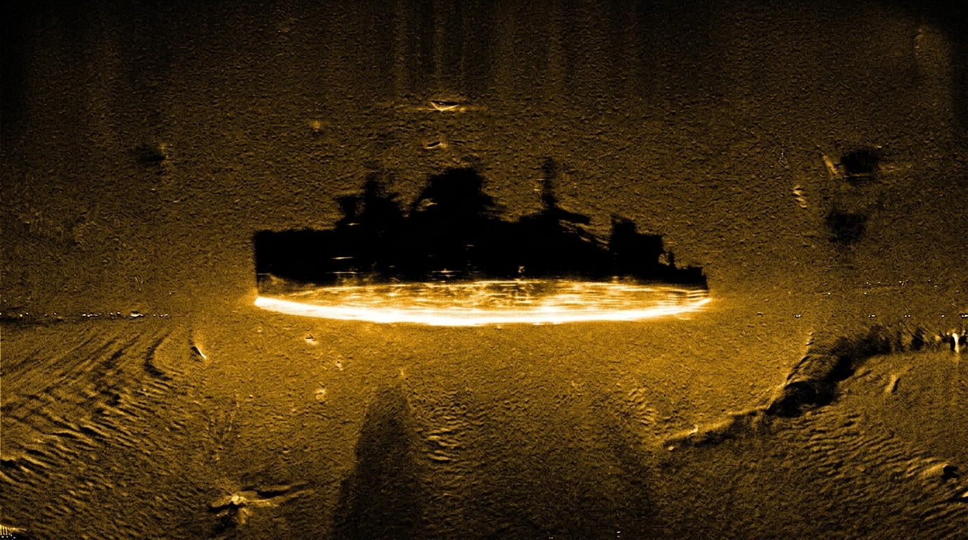 Sonar image showing the silhouette of a shipwreck on the ocean floor.