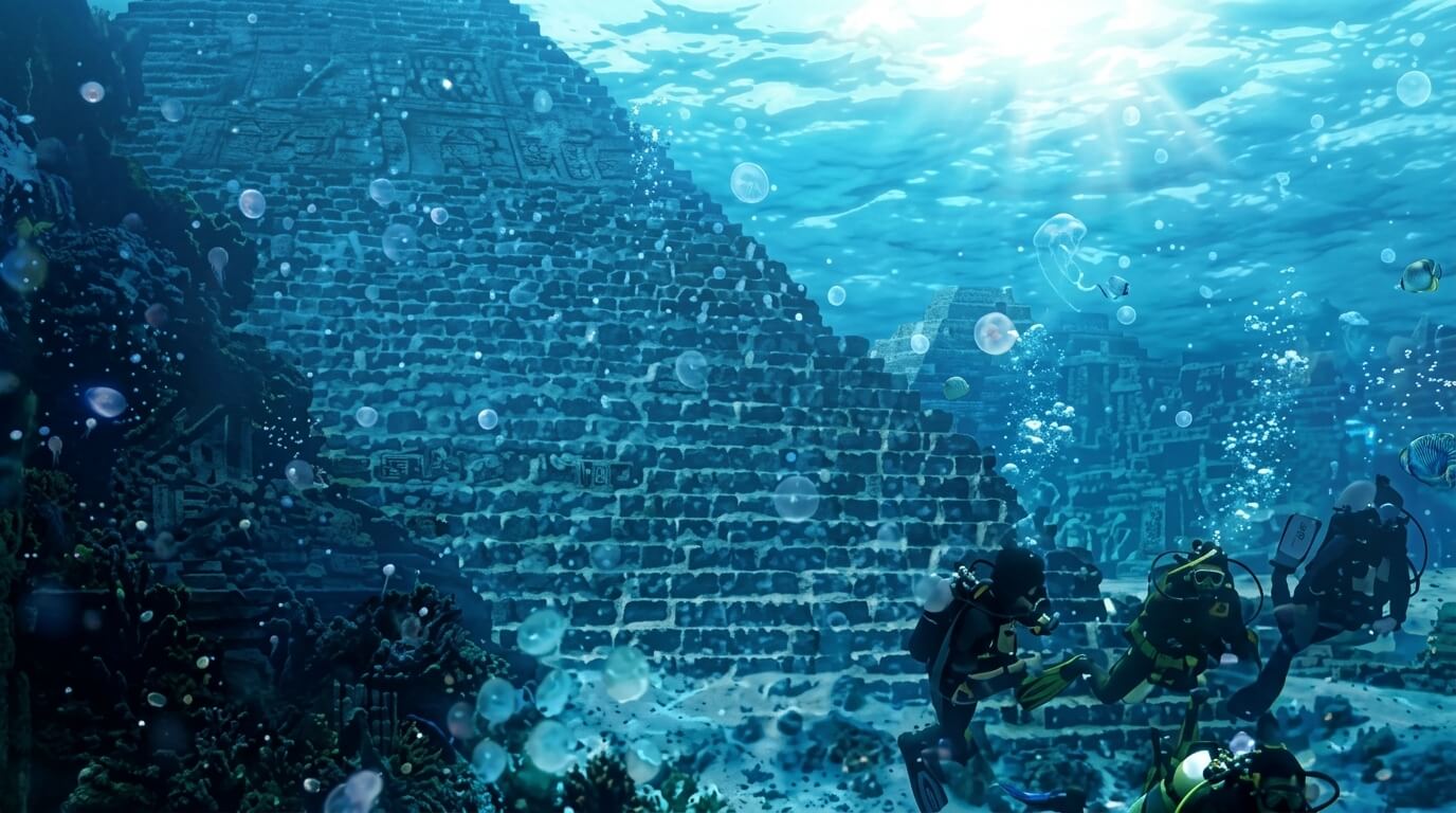 Four scuba divers exploring underwater ancient pyramid ruins surrounded by jellyfish and fish.