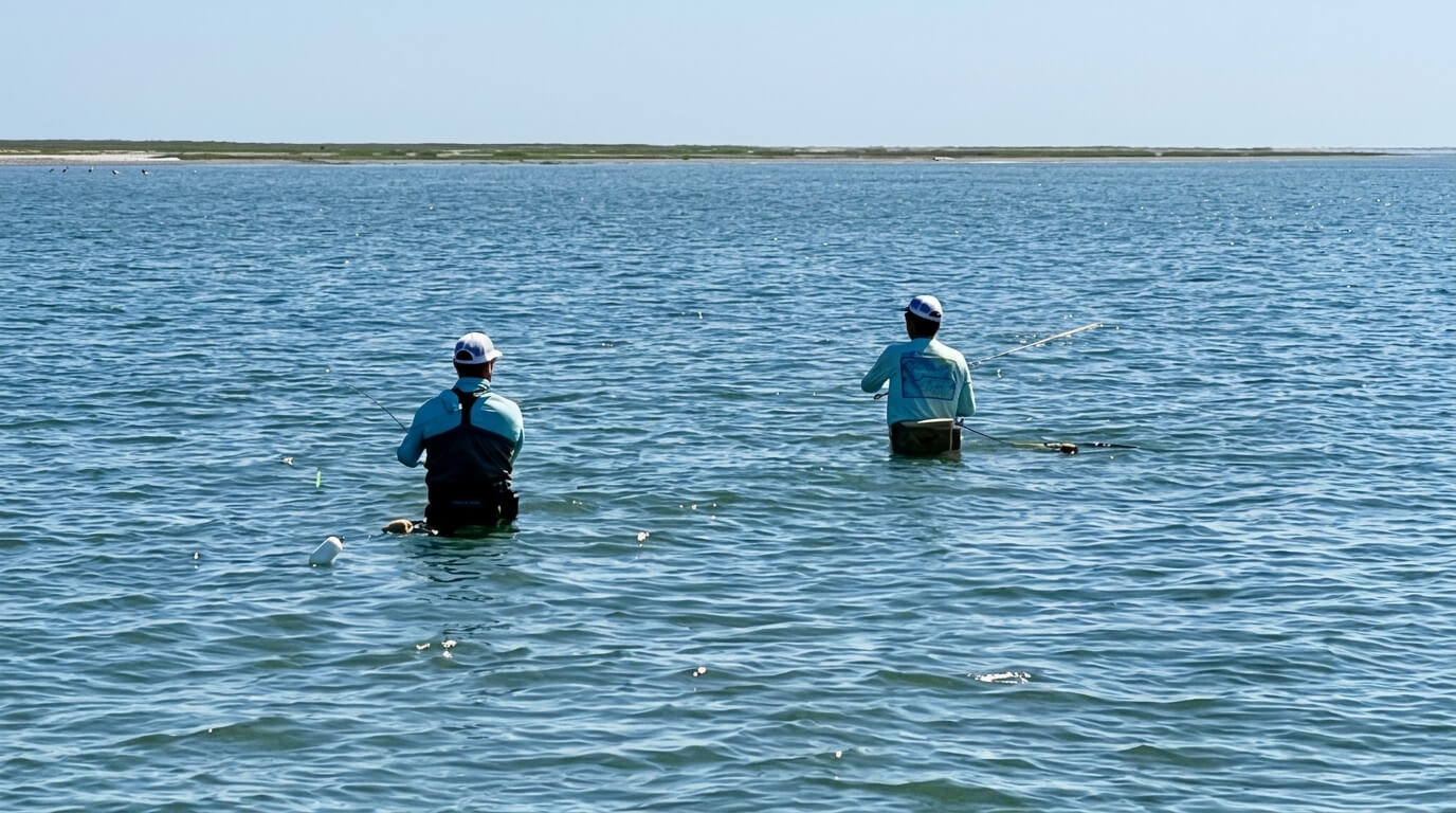 Two men wearing blue shirts and caps fishing waist-deep in water near a shoreline.