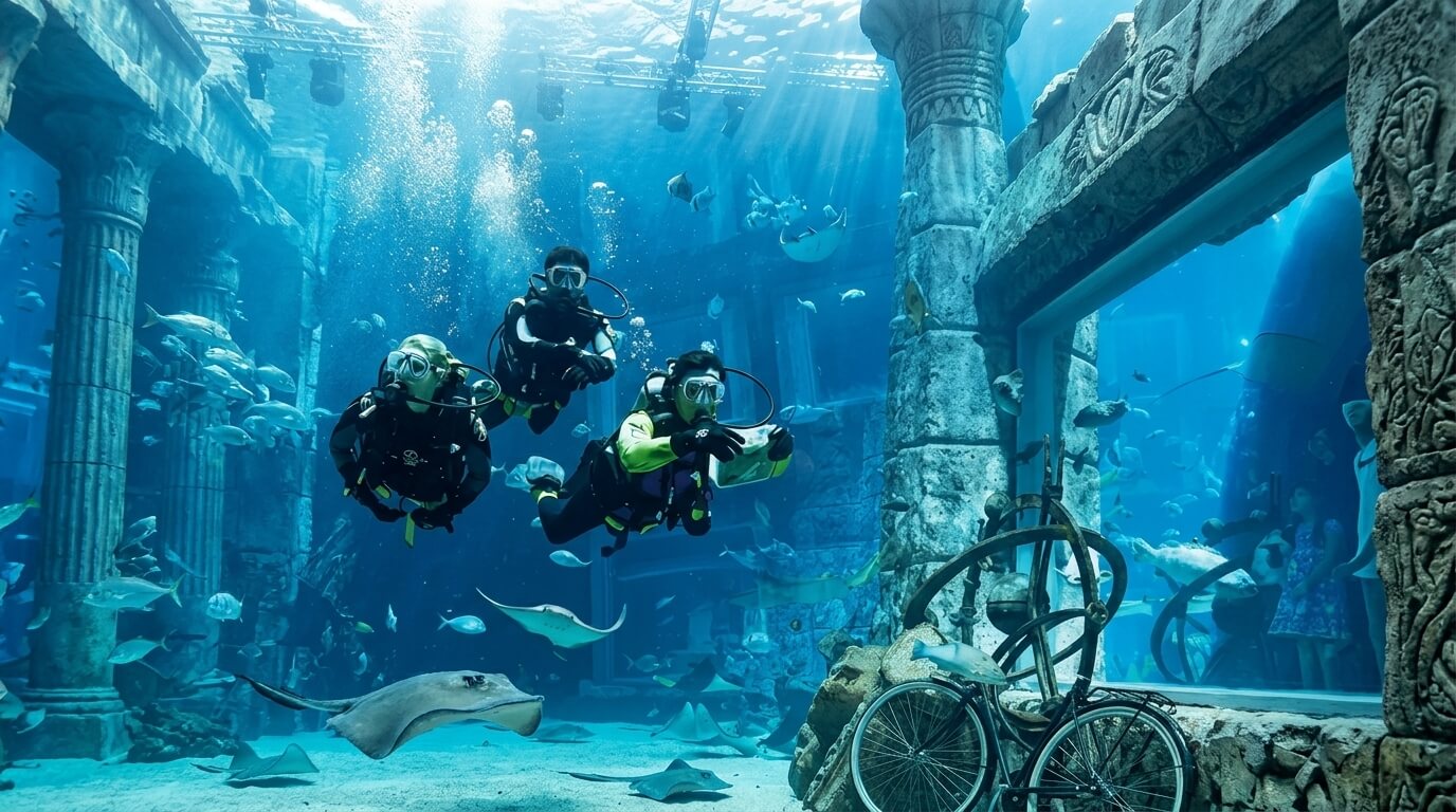 Three scuba divers exploring an underwater aquarium with ancient ruins and stingrays swimming nearby