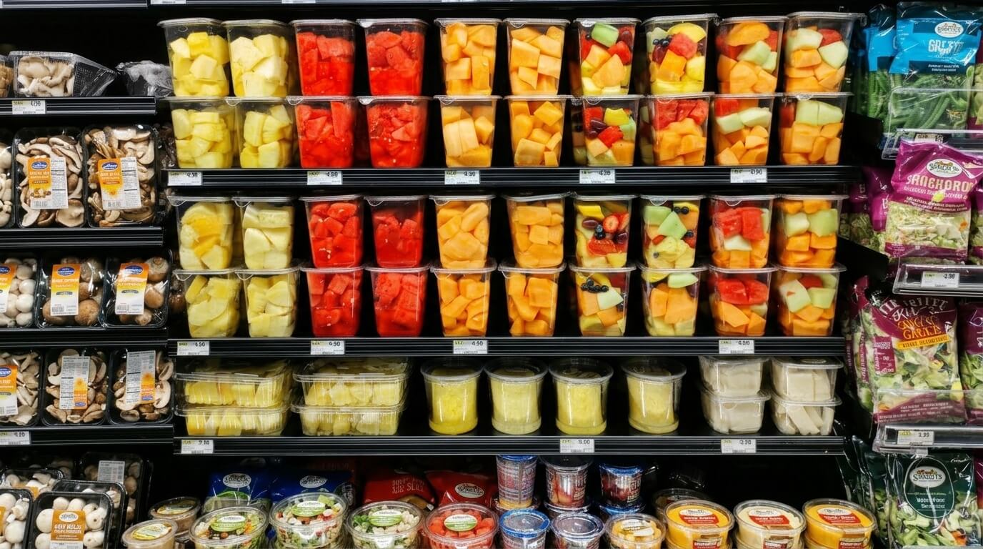 Pre-cut fruit cups with pineapple, watermelon, cantaloupe, and mixed fruit on grocery store shelves.