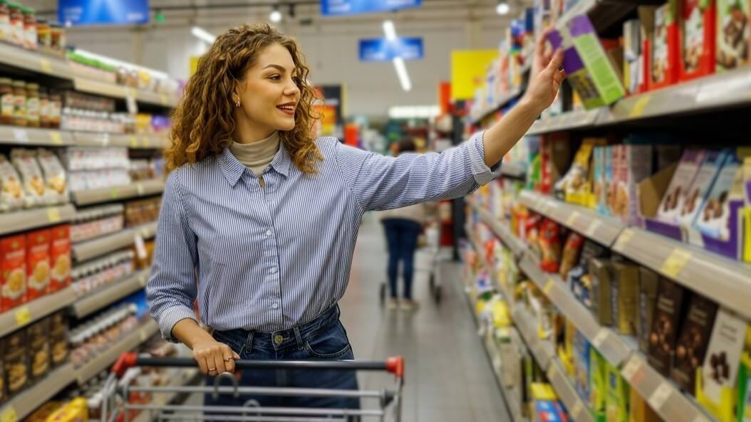 Woman in striped shirt reaching for cereal box on supermarket aisle shelf while pushing shopping cart