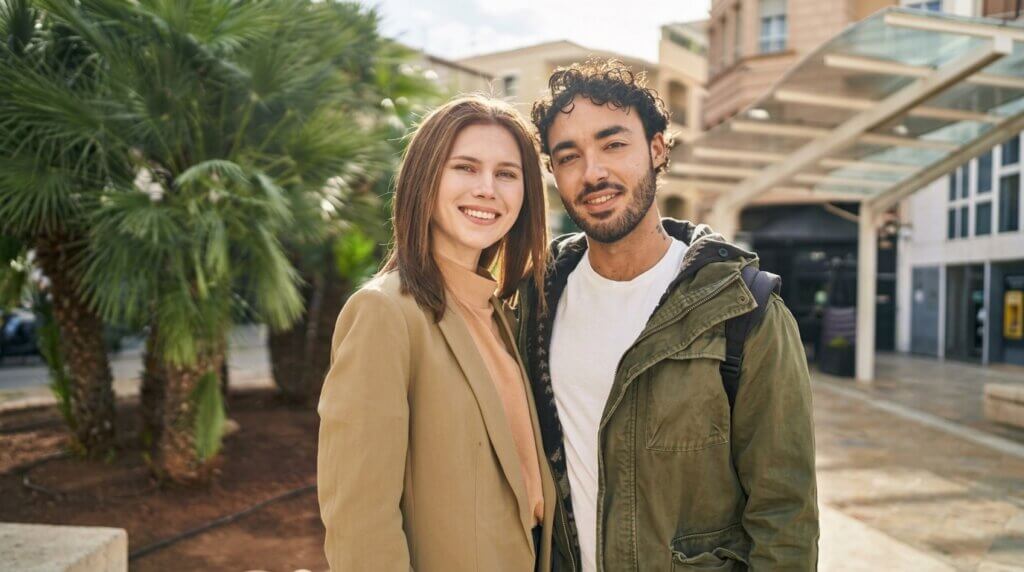 Smiling young couple standing close outdoors near palm trees and urban buildings.