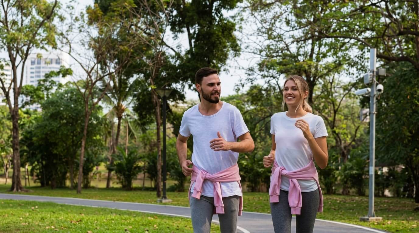 Man and woman jogging in park wearing white shirts and pink sweatshirts tied around their waists