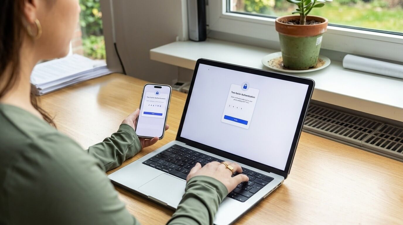 Person entering two-factor authentication code from smartphone into laptop on wooden desk near window with plant