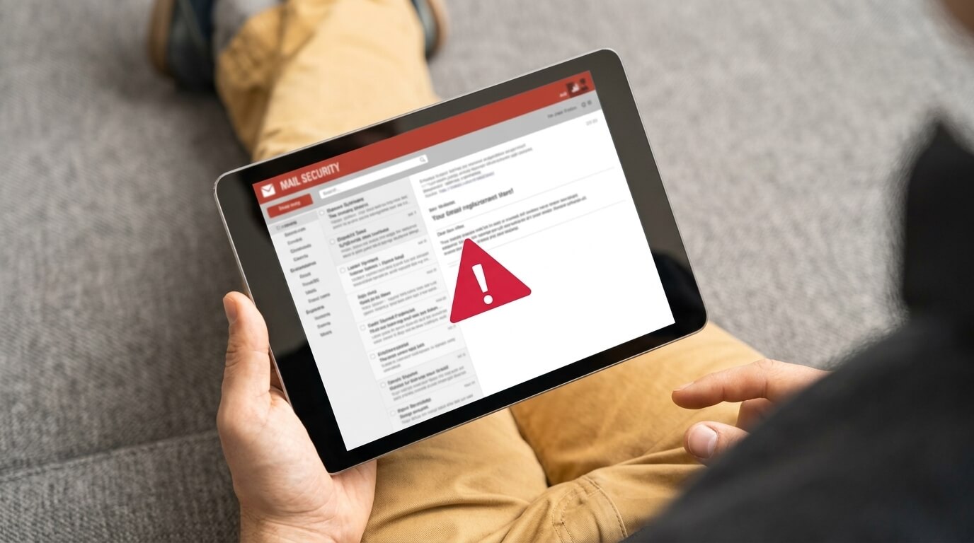 Person holding tablet displaying email inbox with a large red warning icon about email engagement alert