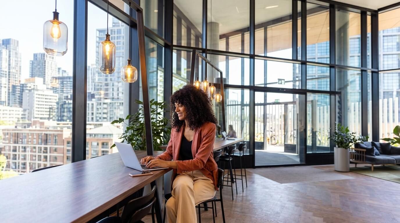 Woman in a rust blazer working on a laptop at a high table in a modern office with city views