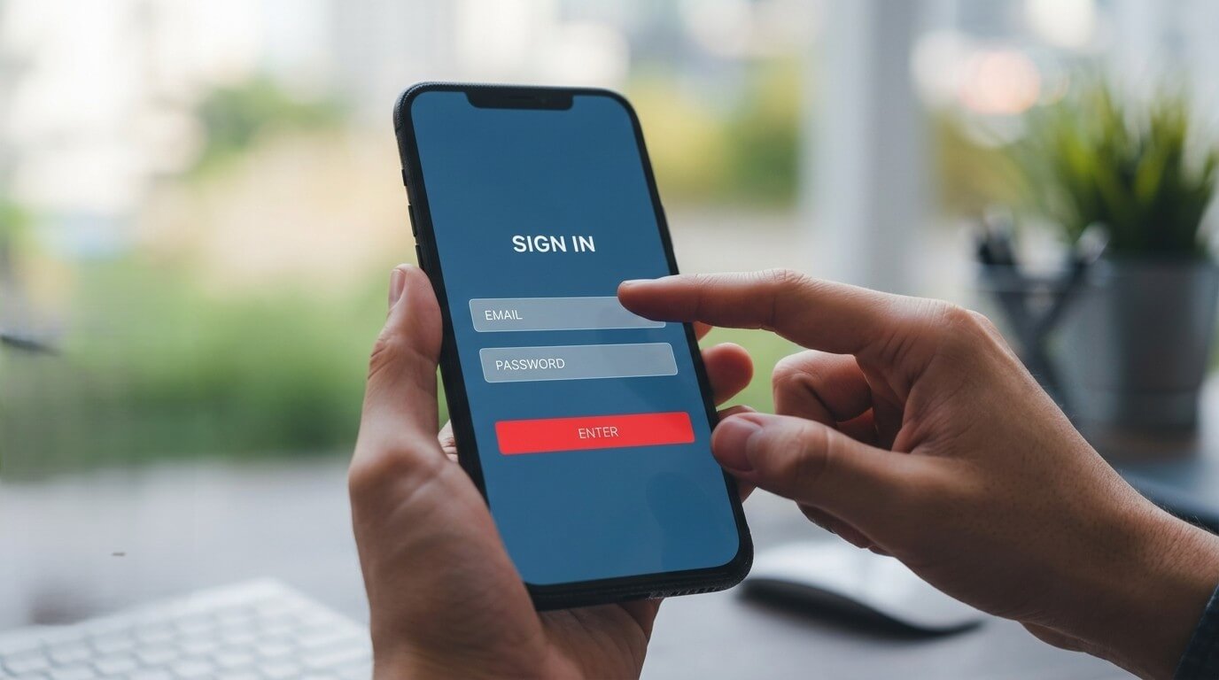 Person holding smartphone with sign-in screen showing email, password fields, and red enter button