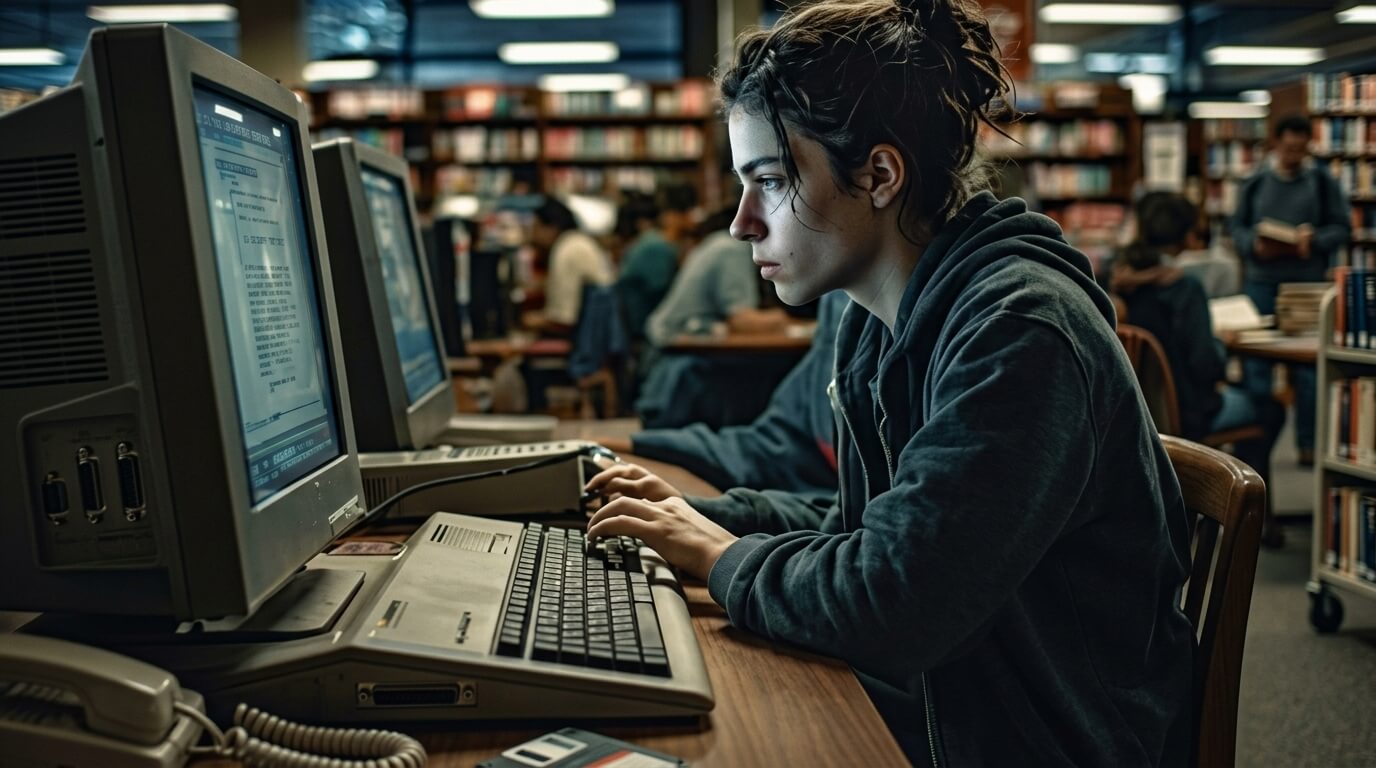 Young woman in a dark hoodie typing on a vintage computer in a busy library setting