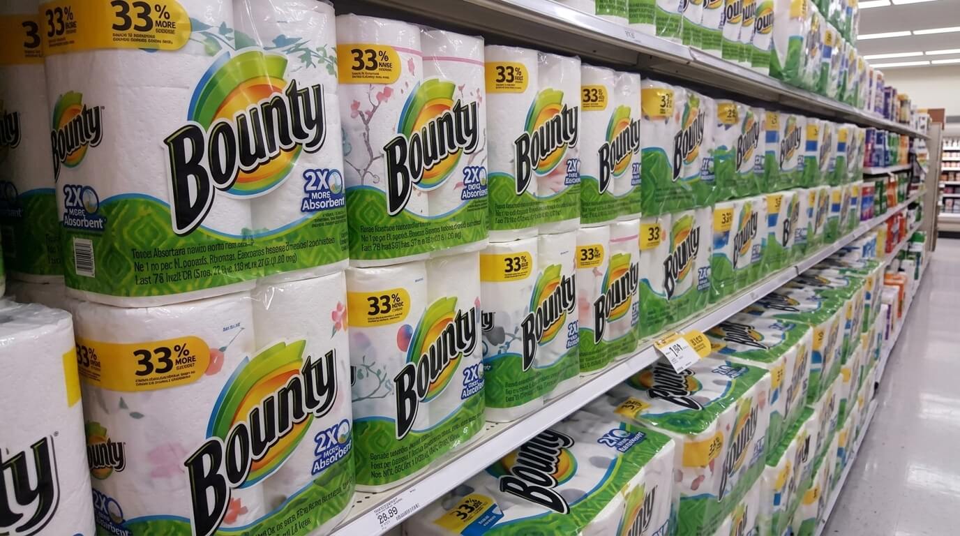 Bounty paper towel packs on grocery store shelves with 33% more sheets and 2X absorbent labels.