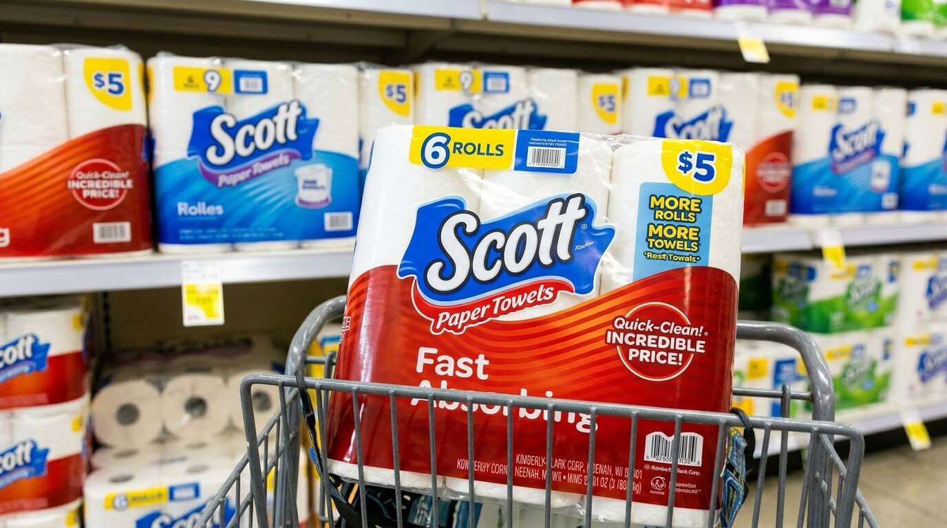 Scott paper towels 6-roll pack priced at $5 in a shopping cart in a store aisle