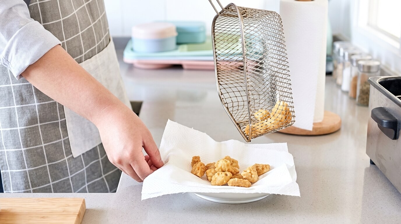 Person draining fried chicken nuggets from a fryer basket onto a paper towel-lined plate in a kitchen.