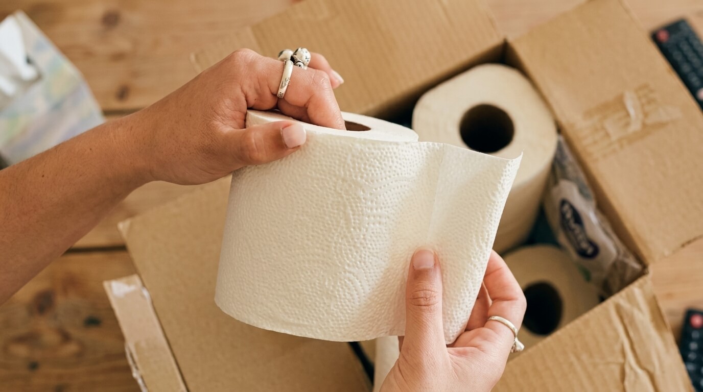 Hands holding a roll of textured white toilet paper above an open cardboard box with more rolls inside