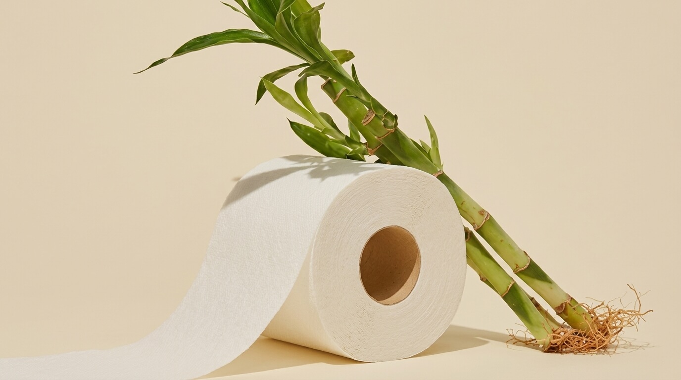 Roll of white toilet paper leaning against two green bamboo stalks with roots on beige background