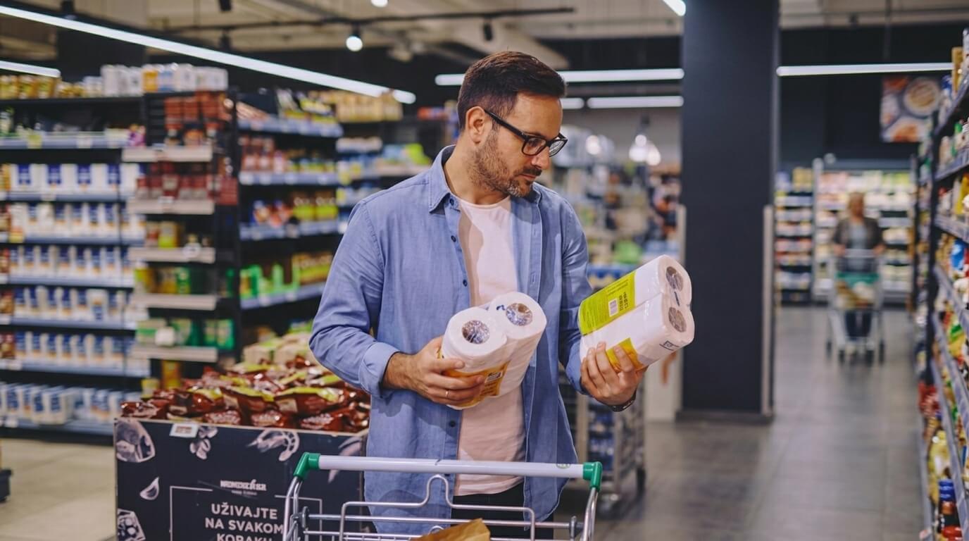 Man in glasses comparing two packs of toilet paper in a supermarket aisle with a shopping cart.