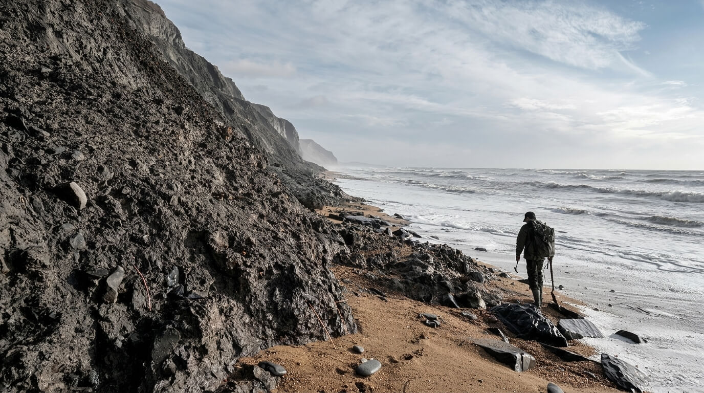 Person with backpack walking along rocky beach near ocean waves under cloudy sky