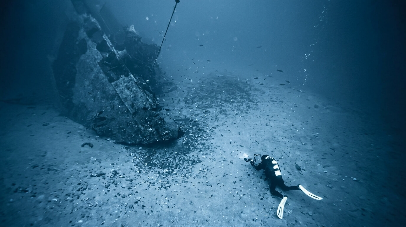 Scuba diver photographing a large underwater shipwreck surrounded by fish on the ocean floor.