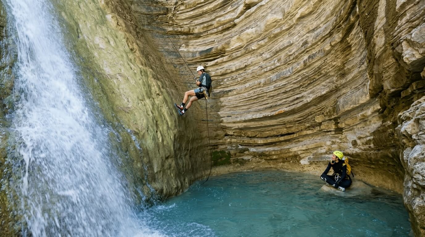 Person rappelling down a rocky cliff beside a waterfall while another person in a helmet watches from a rock by the water pool below