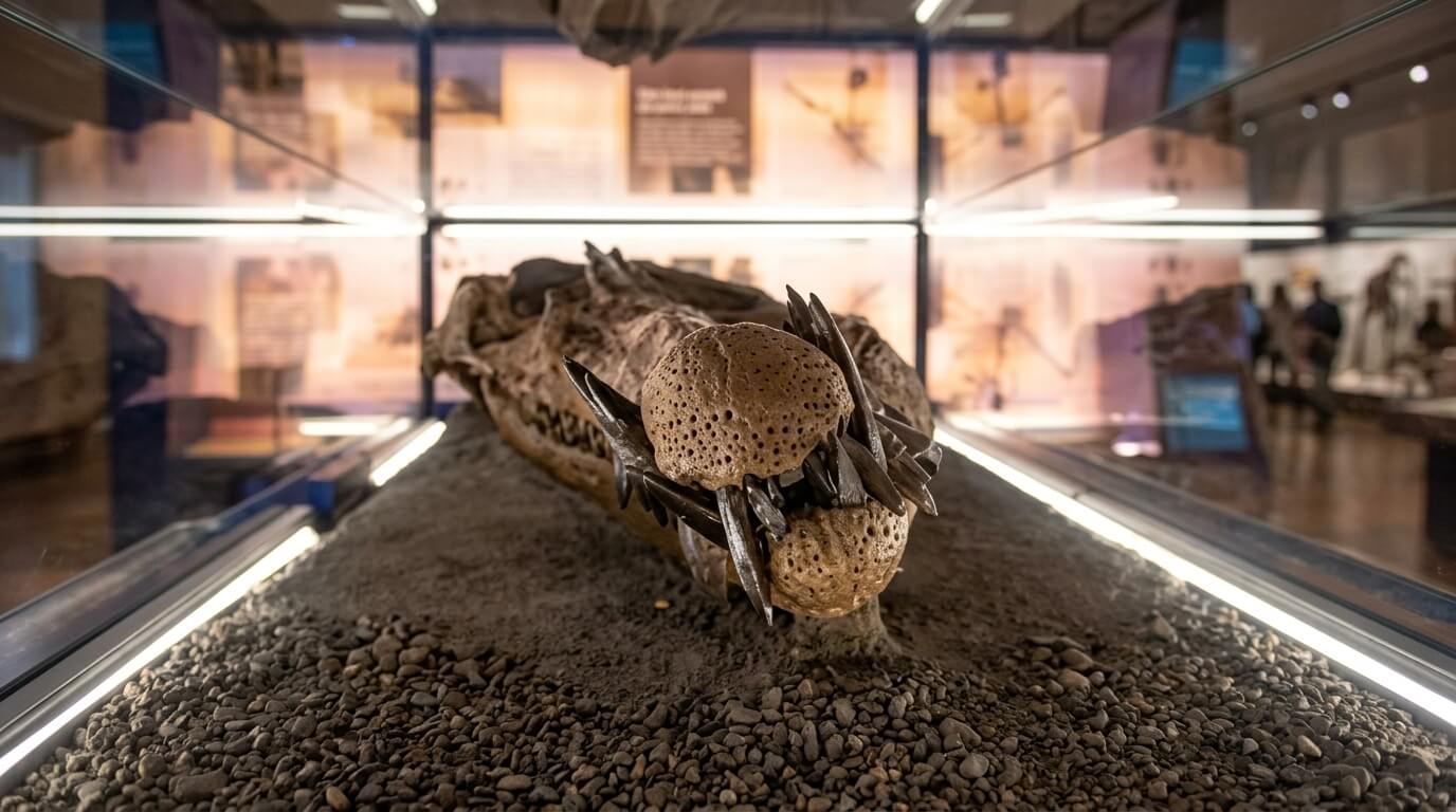 Fossilized skull of a prehistoric marine reptile with sharp teeth displayed in a museum exhibit case.