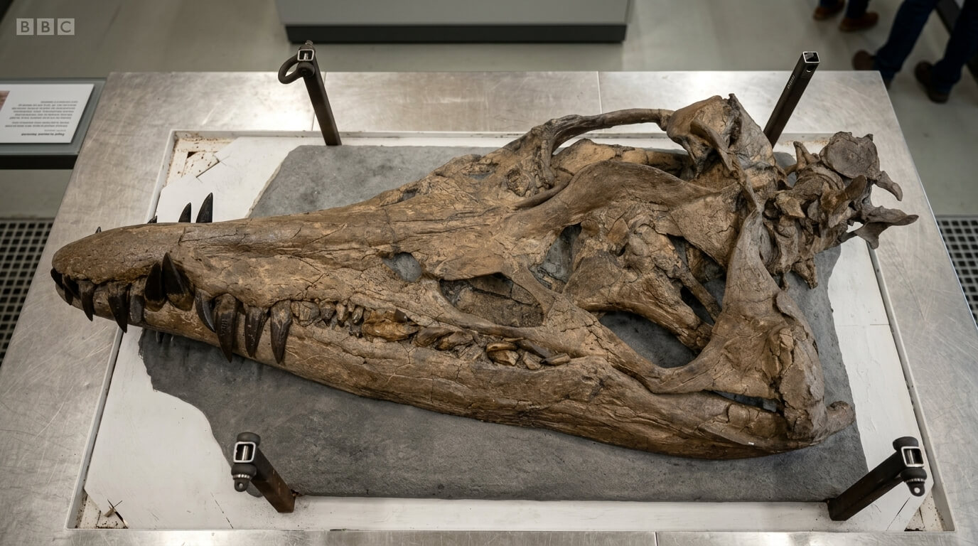 Fossilized skull of a large prehistoric marine reptile displayed on a metal table in a museum setting.