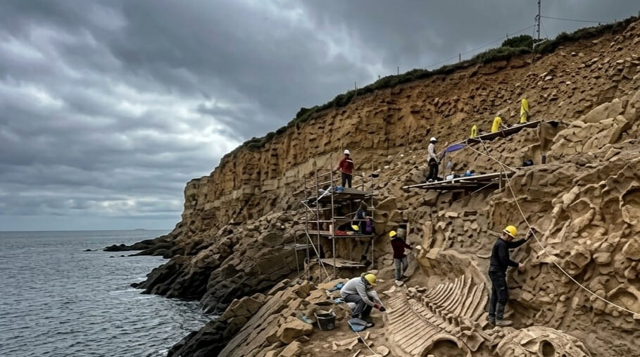 Archaeologists excavating a large fossil embedded in a rocky cliff by the sea under a cloudy sky.