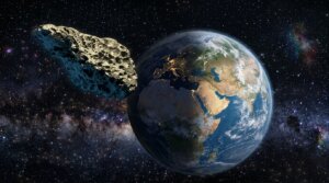 Large asteroid approaching Earth with visible continents and city lights at night from space.