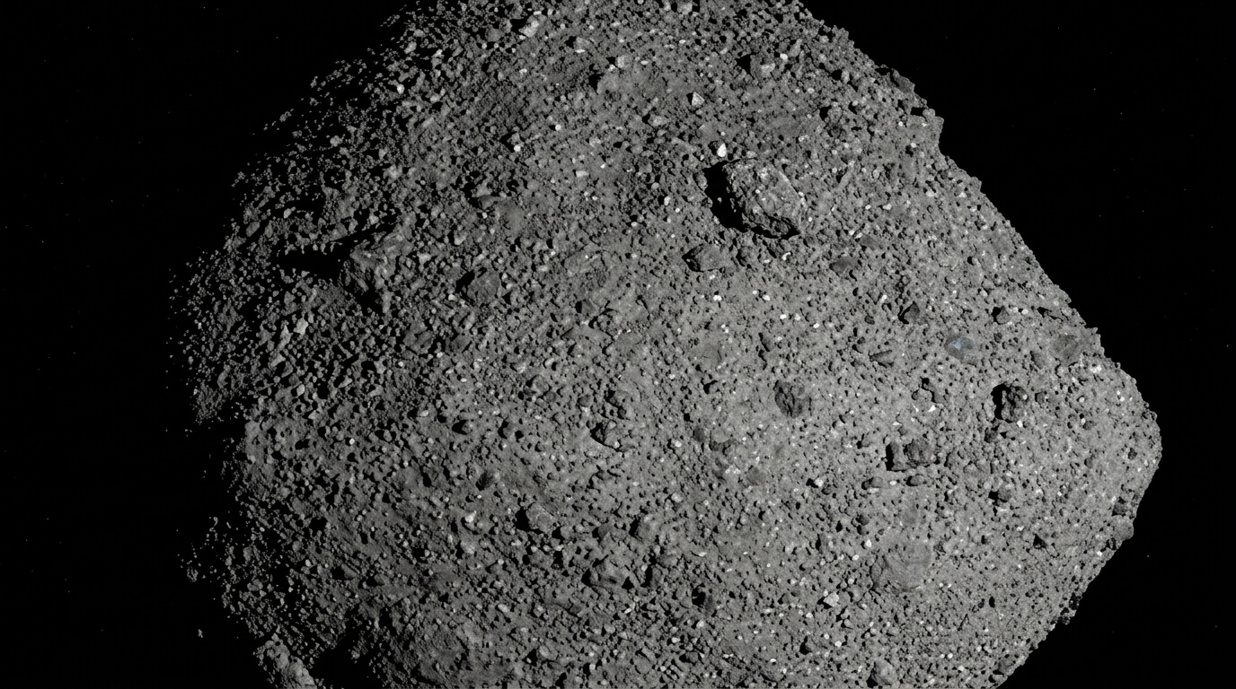 Asteroid Bennu's rocky, cratered surface against the blackness of space.