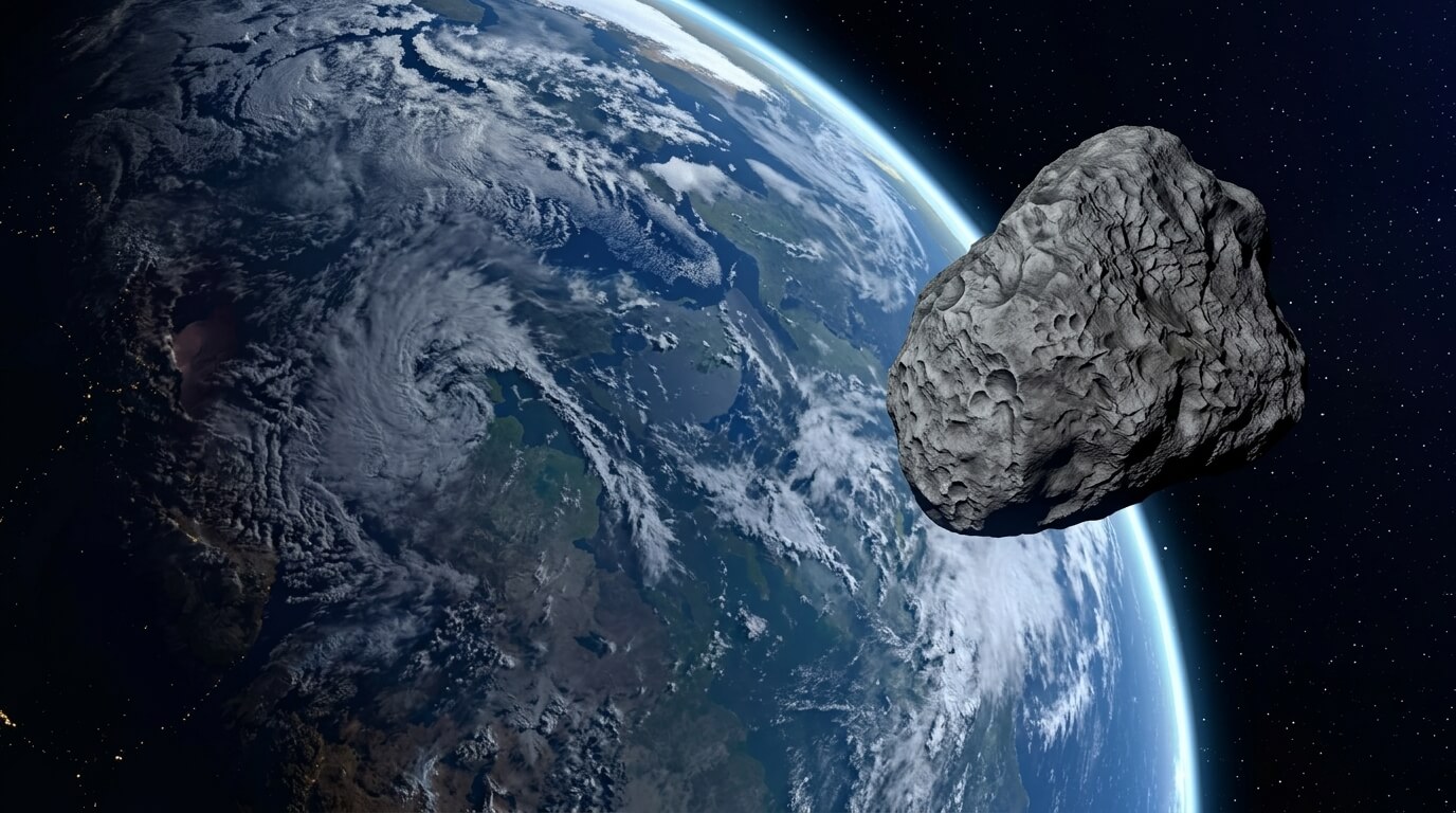 Large asteroid passing close to Earth with visible continents and cloud formations from space.