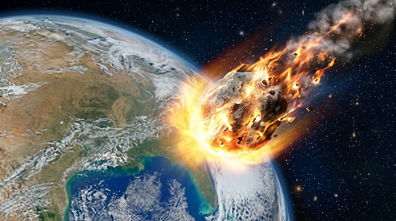 Asteroid burning in Earth's atmosphere about to impact near the southeastern United States coastline.