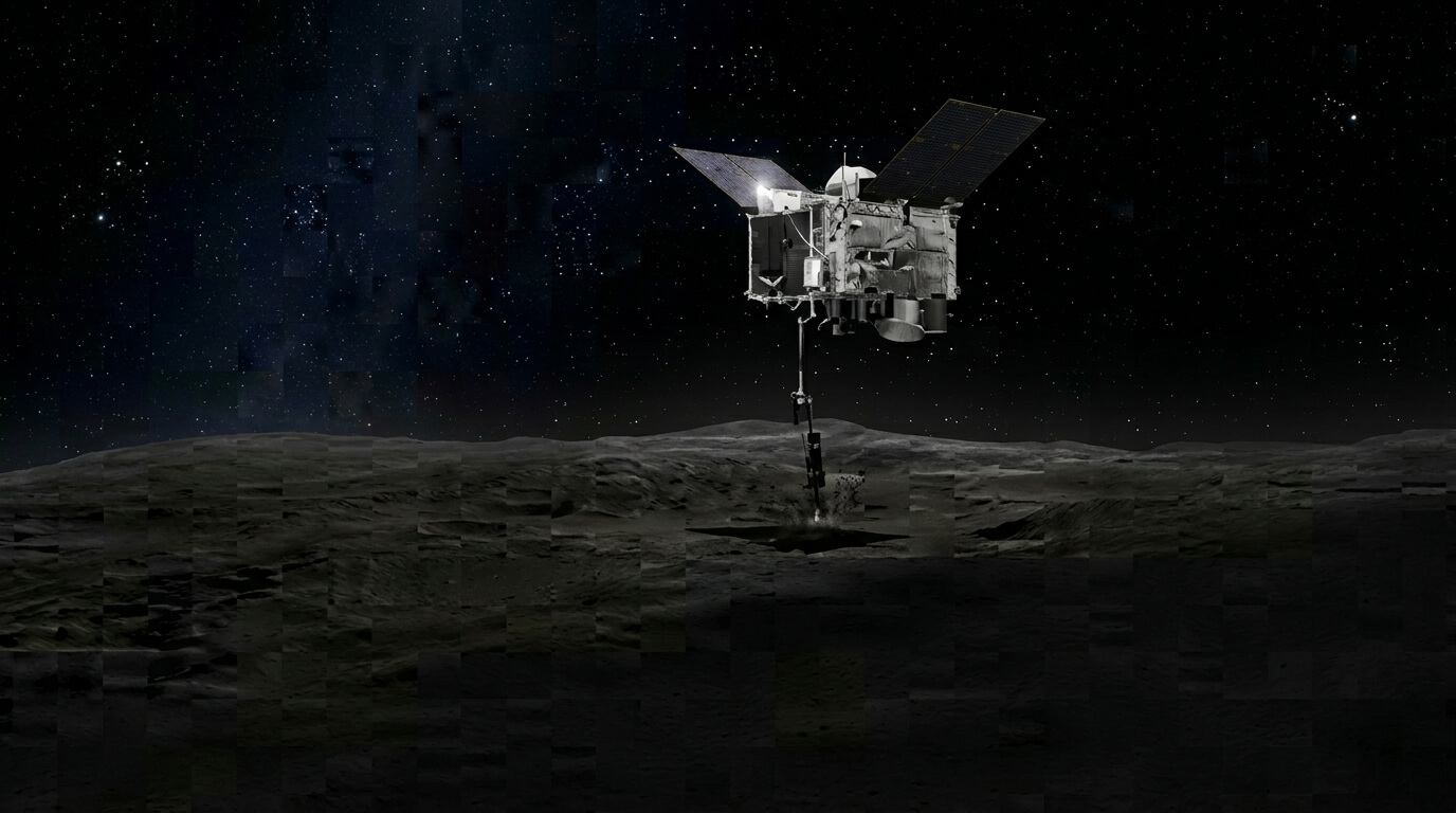 Hayabusa2 spacecraft collecting samples from asteroid Ryugu's surface under a starry sky