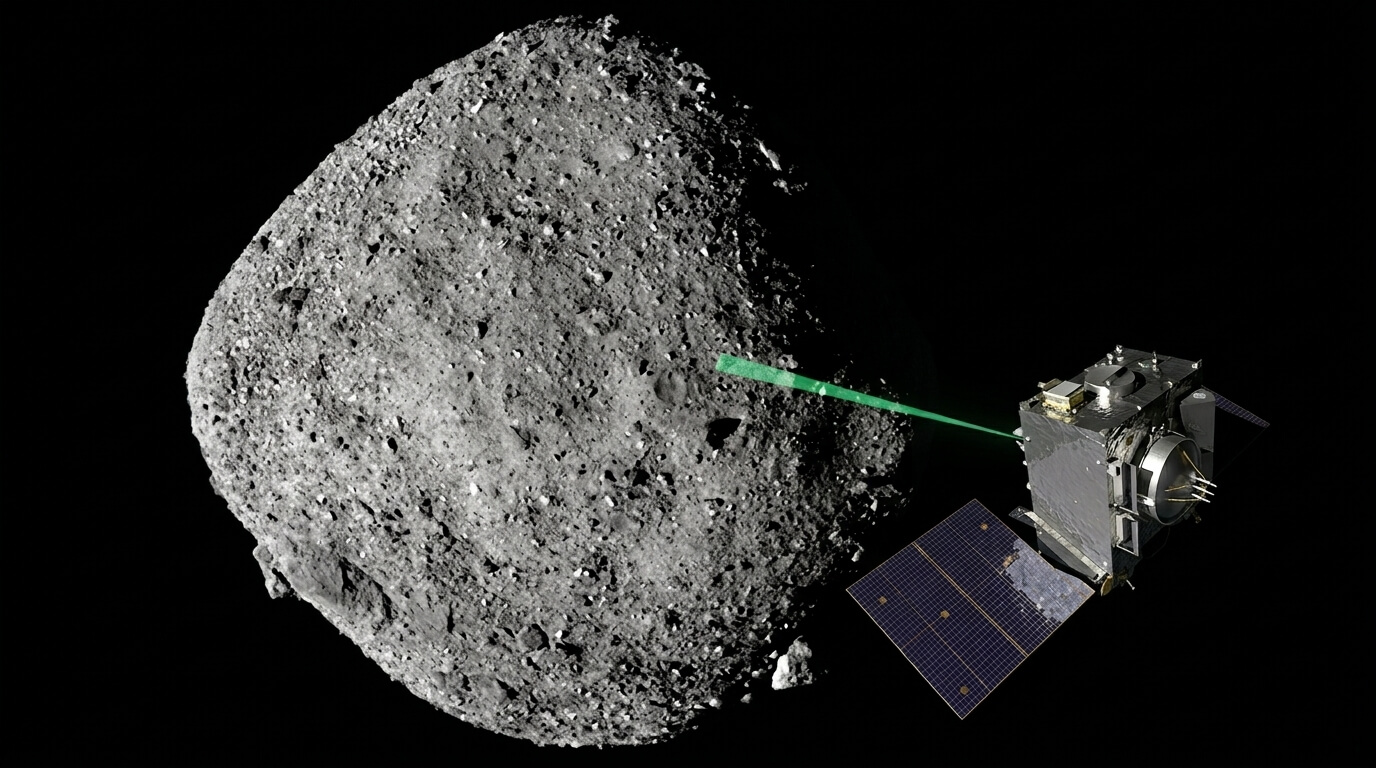 NASA's OSIRIS-REx spacecraft scanning asteroid Bennu with a green laser beam