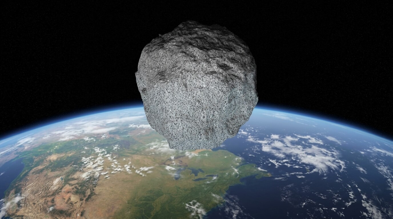 Large asteroid approaching Earth over a view of North America from space