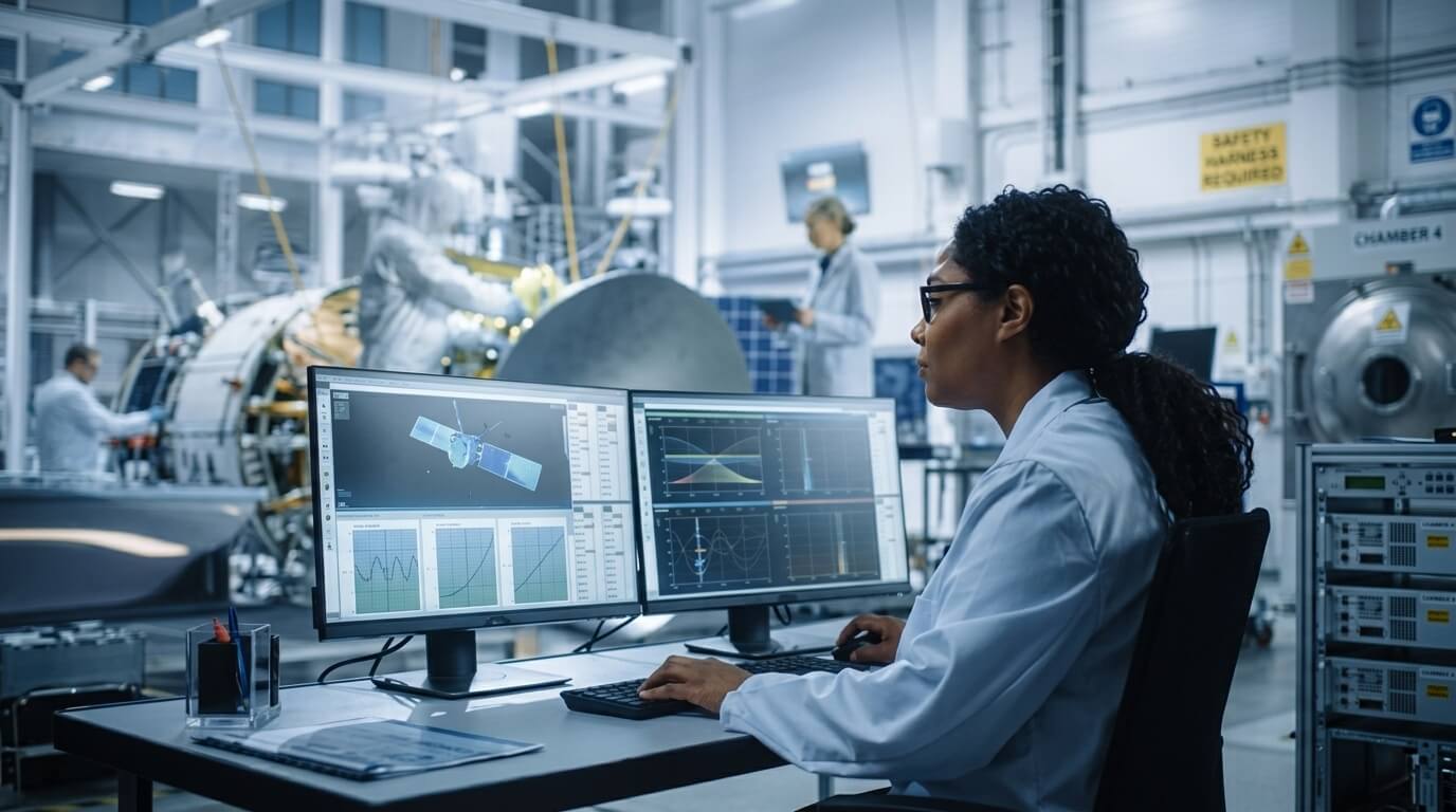 Engineer analyzing satellite data on dual monitors in a high-tech aerospace laboratory
