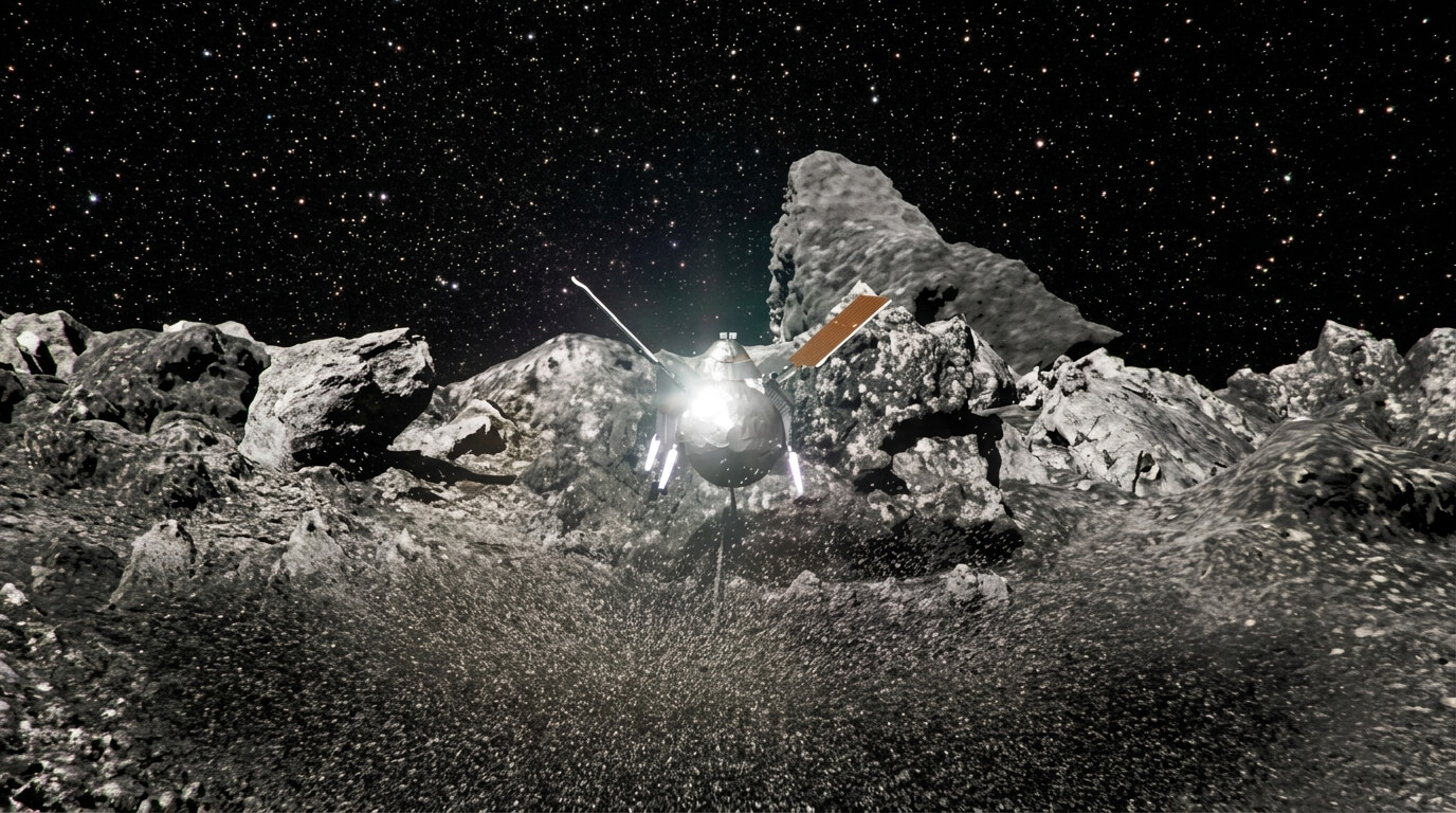NASA's OSIRIS-REx spacecraft collecting samples from asteroid Bennu's rocky surface under a starry sky