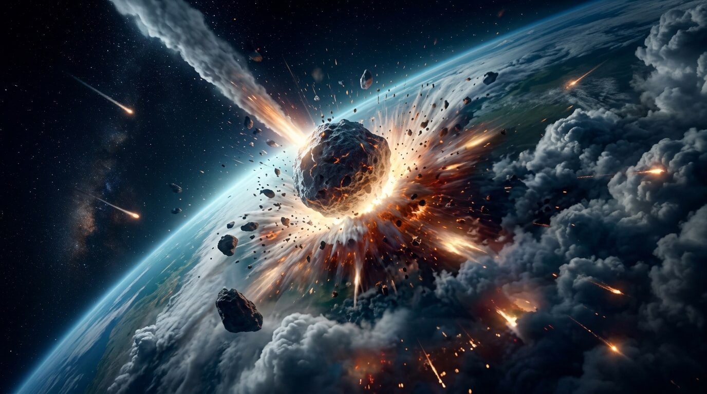 Large asteroid impacting Earth, causing fiery explosion and debris scattering into the atmosphere.