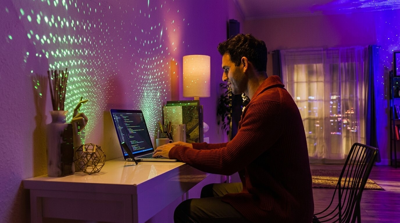 Man in red sweater coding on laptop at desk with decorative lighting in cozy room at night