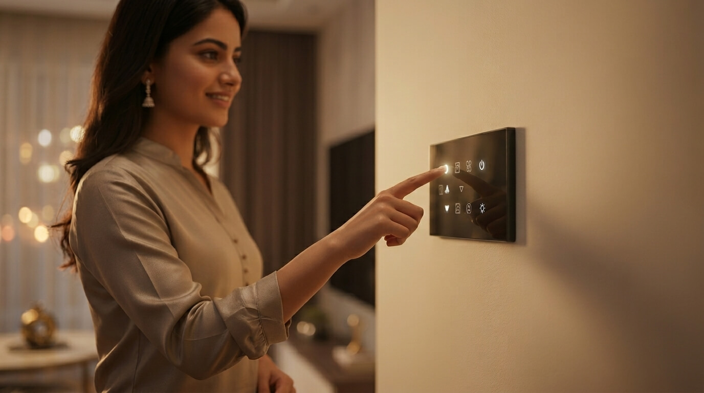 Woman adjusting settings on a modern smart home control panel mounted on a wall