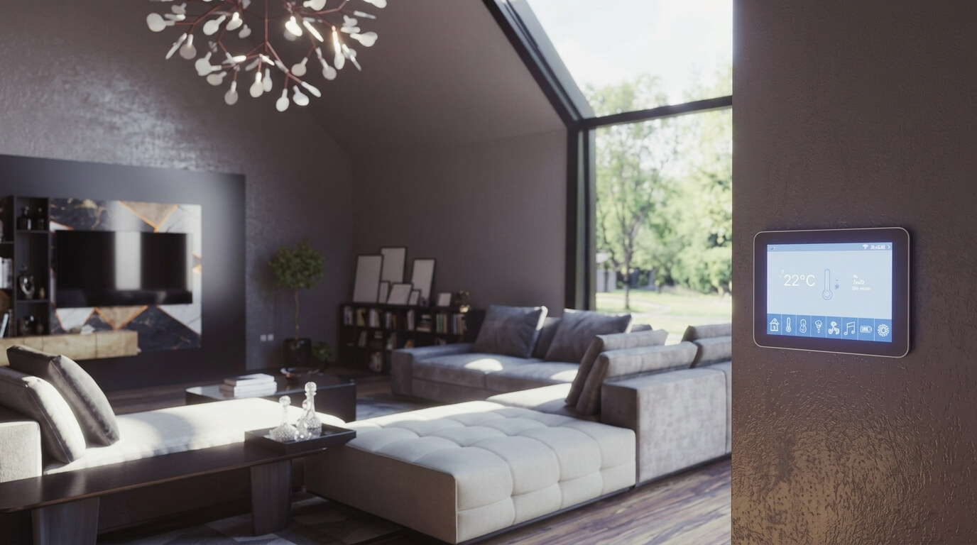 Smart thermostat displaying 22°C mounted on wall in modern living room with large windows and gray furniture.