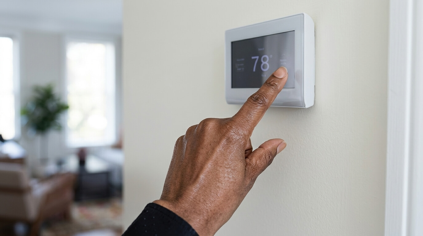 Hand adjusting a digital thermostat set to 78 degrees on a beige wall in a living room.