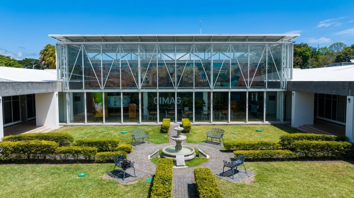 Glass-fronted CIMAG building with a central fountain and surrounding benches in a landscaped courtyard under a blue sky