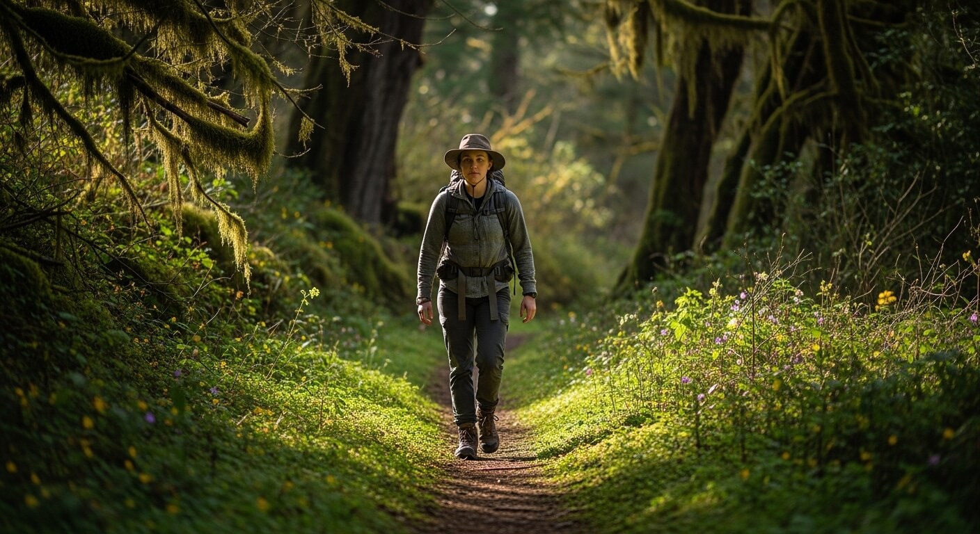 Person hiking on a forest trail wearing a hat, gray jacket, and backpack in dappled sunlight