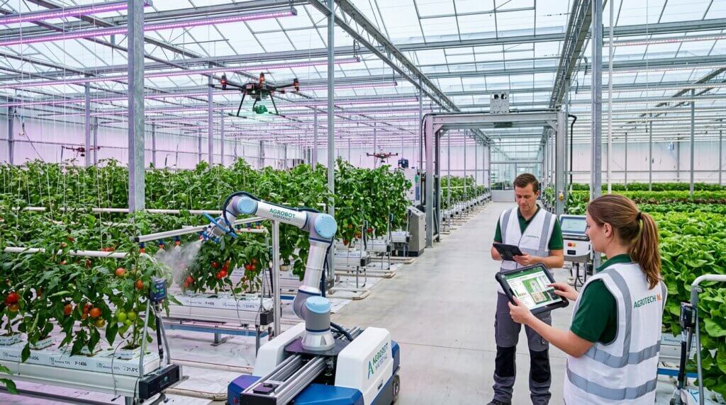 Two workers in AGROTECH NL vests monitor an AGROBOT robot spraying tomatoes in a high-tech greenhouse.