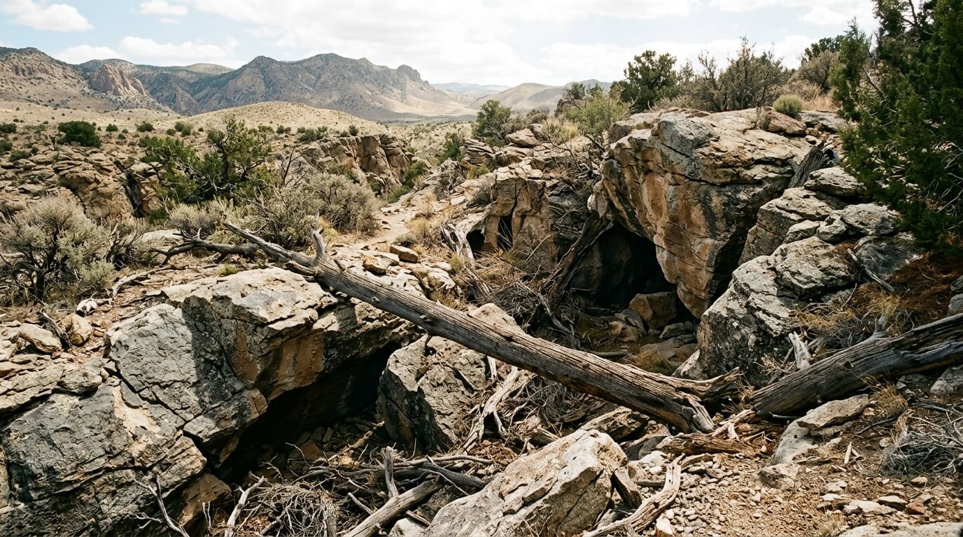 Rocky desert landscape with caves, fallen tree trunks, sparse vegetation, and distant mountains under a partly cloudy sky.