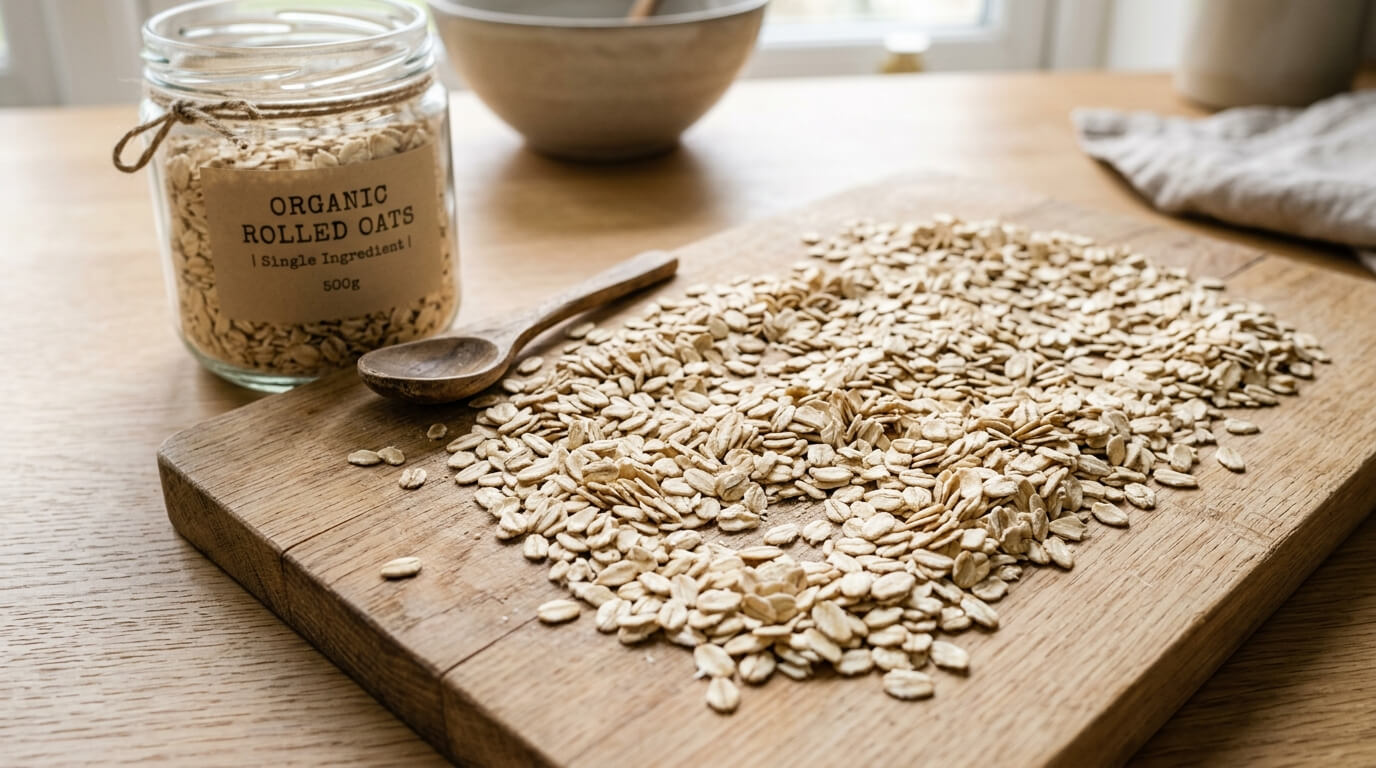 Organic rolled oats spilled on a wooden cutting board next to a glass jar labeled "Organic Rolled Oats 500g" and a wooden spoon.