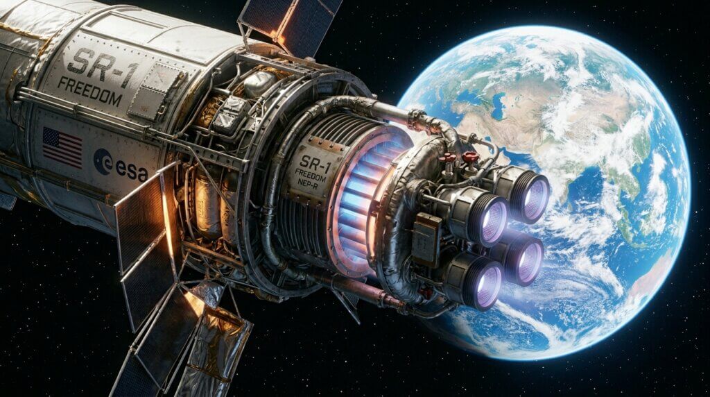 SR-1 Freedom spacecraft with ESA and US flags orbiting Earth with visible engine thrusters glowing.