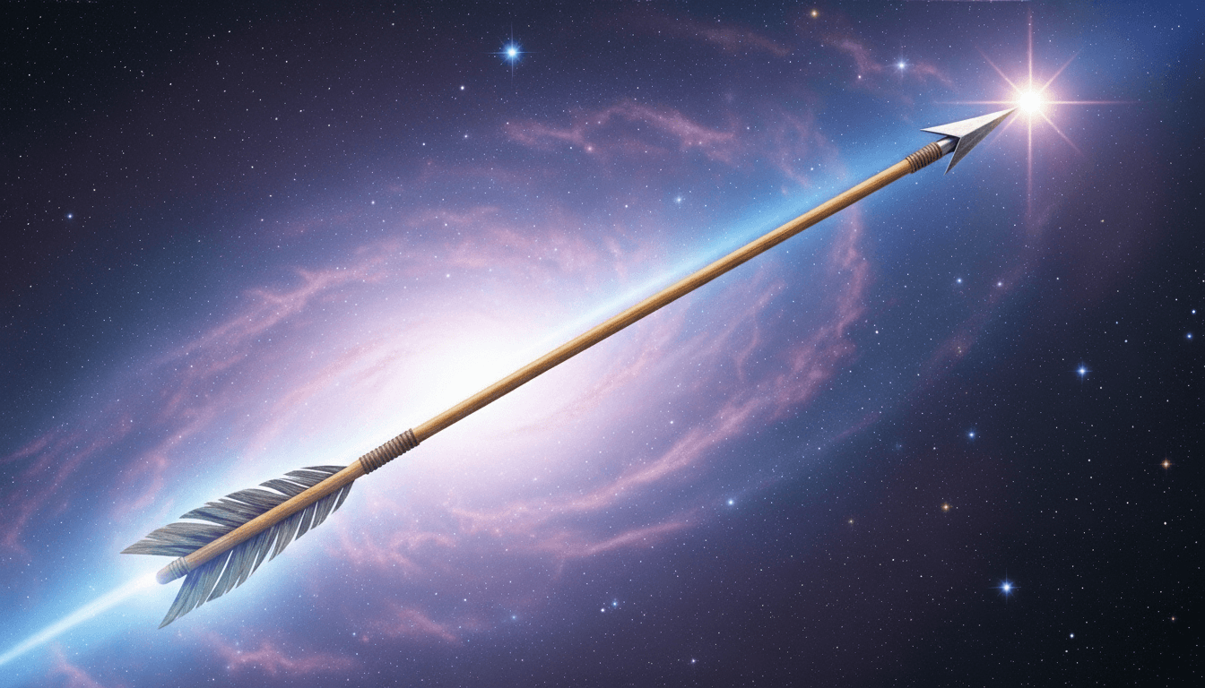 Arrow flying through space with a glowing star at its tip against a galaxy background
