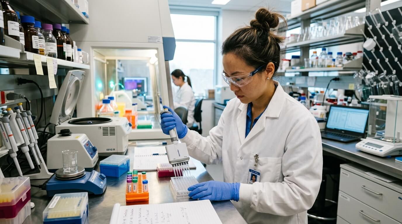 Scientist in a lab coat and gloves using a multichannel pipette to transfer liquid into a 96-well plate in a laboratory.