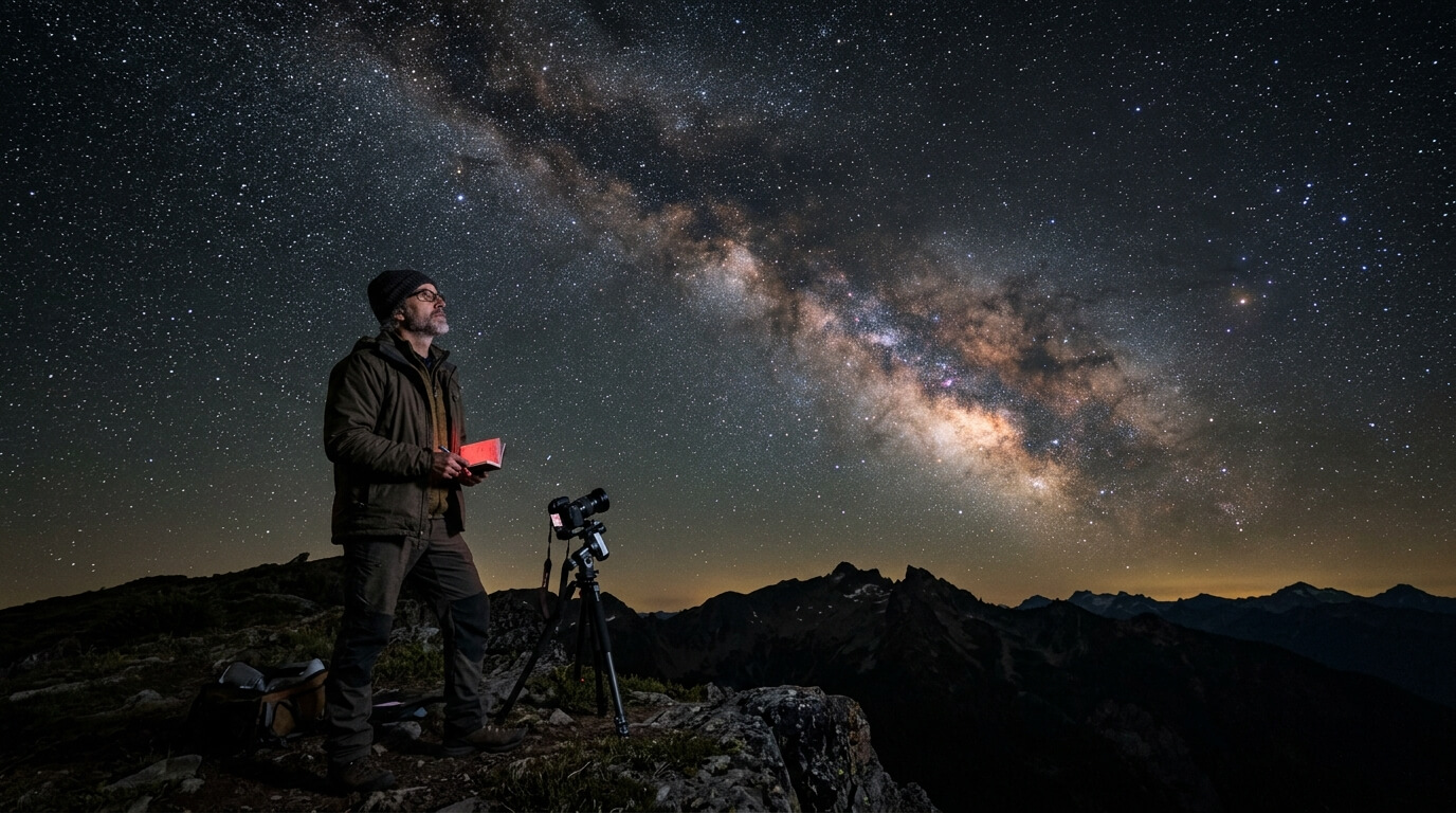 Man with camera on tripod stargazing and holding a notebook under the Milky Way in a mountainous area at night