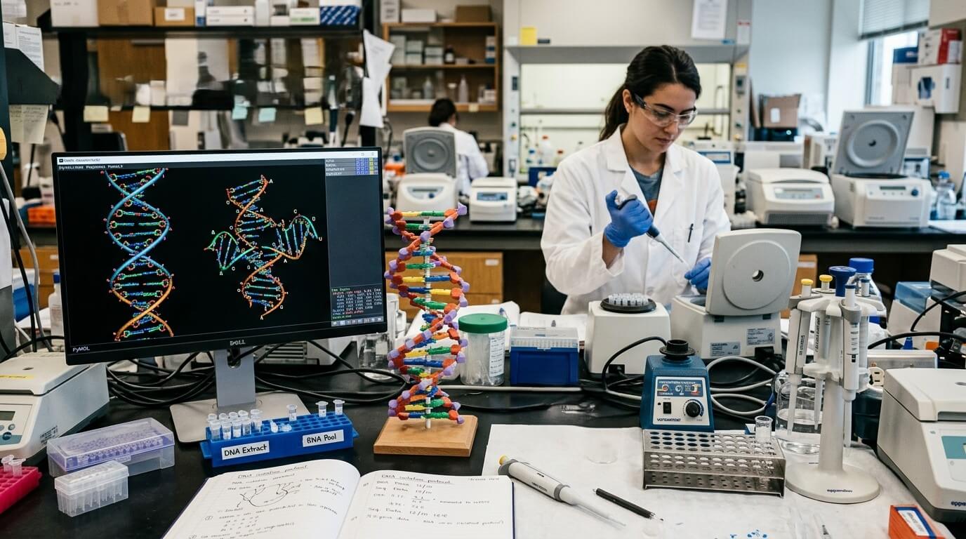 Scientist in lab coat and gloves using a pipette in a genetics lab with DNA models and computer screen showing DNA structures.