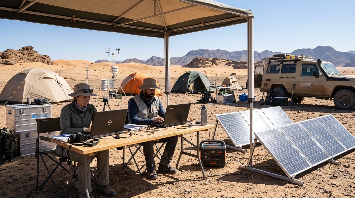 Two researchers working on laptops under a canopy with solar panels and tents in a desert camp labeled Desert Research